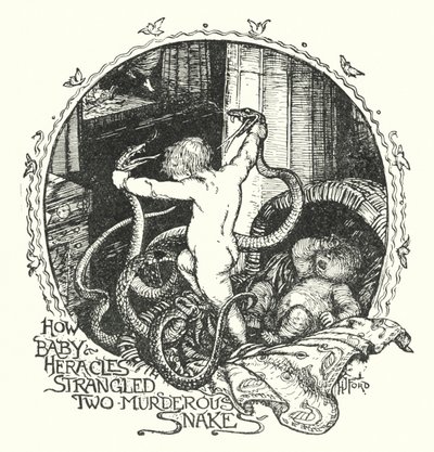 ヘラクレスの赤ちゃんが2匹の大蛇を絞め殺した方法（リトグラフ 作： Henry Justice Ford