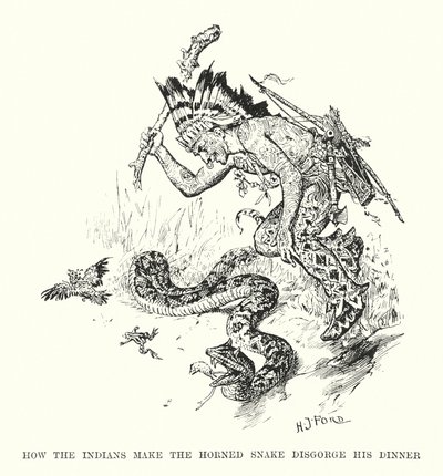 インディアンが角蛇に夕食を吐かせる方法（エングレーヴィング） 作： Henry Justice Ford