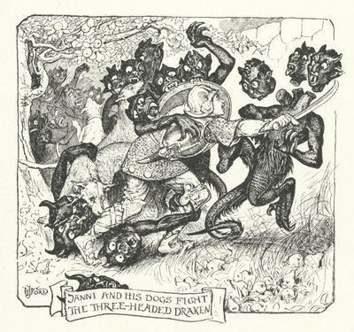 三つ首のドラケンと戦うヤンニとその犬たち（彫刻 作： Henry Justice Ford
