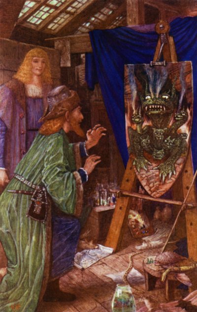 レオナルドは彼の盾に描かれたモンスターで彼の父を怖がらせます 作： Henry Justice Ford