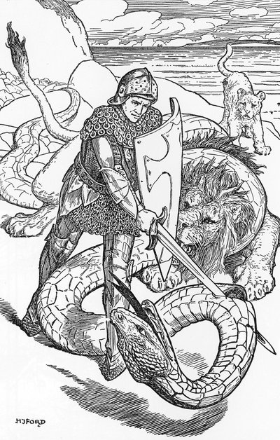 Percival fightint the serpent HJ Fordin (1860-1940) kuvitus teoksesta "The book of Romance" 1902 Yksityinen kokoelma 作： Henry Justice Ford