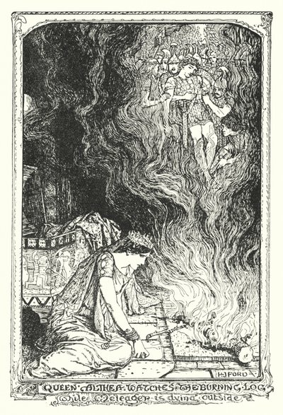 アルテア王妃が燃える丸太を見守る中、外ではメレガーが死んでいる（リトグラフ 作： Henry Justice Ford