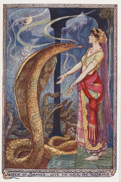 ヘビの女王、夫を返してください、アンドリューレイン作「オリーブの妖精の本」のイラスト、1907年 作： Henry Justice Ford