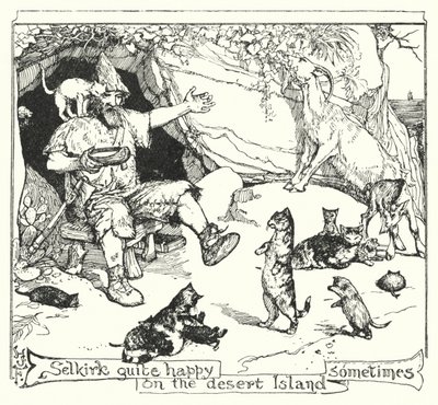 砂漠の島でのセルカークの幸せそうな様子（リトグラフ 作： Henry Justice Ford