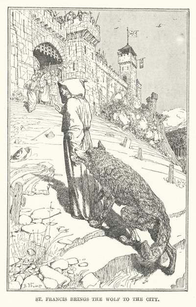 聖フランシスコがオオカミを連れてくる（リトグラフ 作： Henry Justice Ford