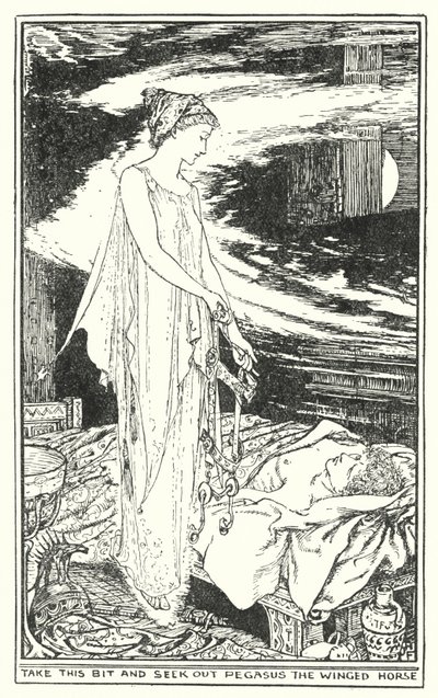このビットを持って、翼のある馬ペガサスを探す（リトグラフ 作： Henry Justice Ford