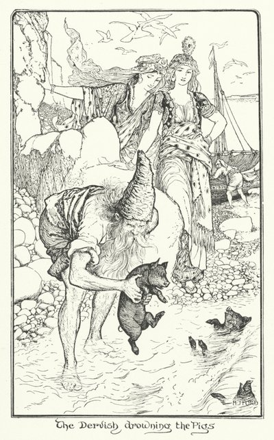 豚を溺れさせるダービッシュ（版画 作： Henry Justice Ford