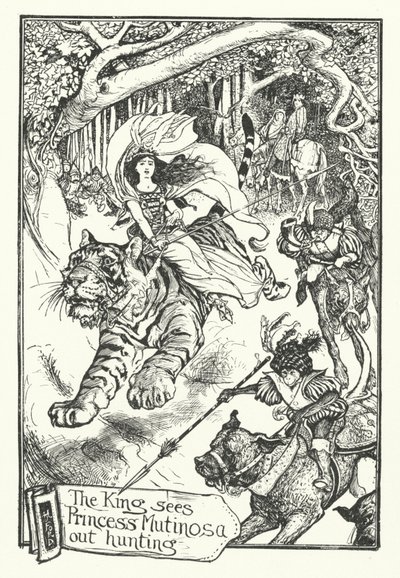 ムチノサ姫が狩りに出ているのを見た王様（エングレービング 作： Henry Justice Ford