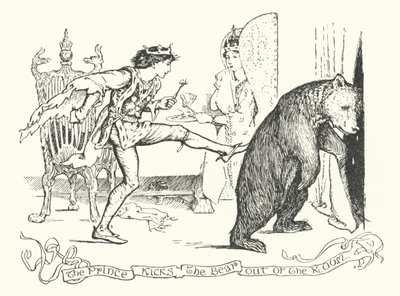 王子は熊を部屋の外に蹴り出す（エングレービング 作： Henry Justice Ford
