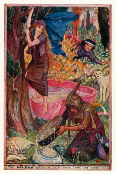 魔女がプルガを木から降ろす（カラーリトグラフ 作： Henry Justice Ford