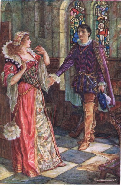 カムナー・プレイスでのエイミーとトレシリアンの出会い、「ケニルワース」のイラスト、1910年頃（カラーリトグラフ 作： Henry Justice Ford