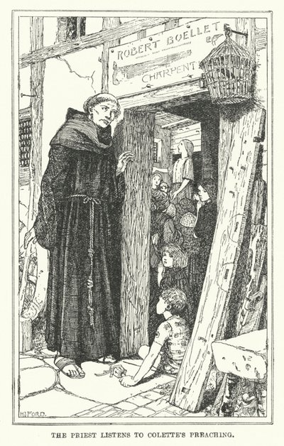 コレットの説法に耳を傾ける司祭（リトグラフ 作： Henry Justice Ford