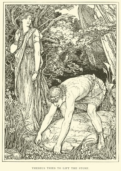 テセウスは石を持ち上げようとします 作： Henry Justice Ford