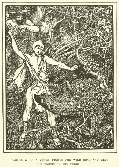 ユリシーズ、青年期にイノシシと戦い、太ももに傷をつける 作： Henry Justice Ford
