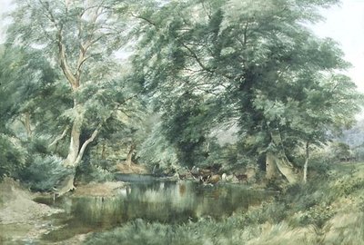 川の水を飲む鹿のいる風景 作： Henry Jutsum