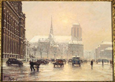 雪の日のオテル・ド・ヴィル広場から見たノートルダム寺院、1930年頃（木に油彩） 作： Henry Malfroy