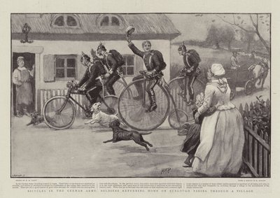 ドイツ軍の自転車、村を駆け抜けるフルローに帰国した兵士 作： Henry Marriott Paget