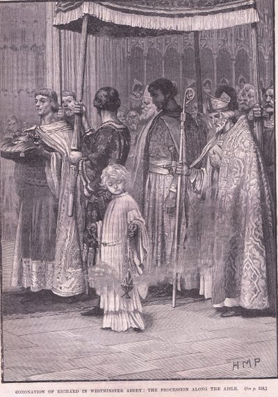ウェストミンスター寺院のリカード1世の戴冠式：西暦1189年の通路沿いの行列 作： Henry Marriott Paget