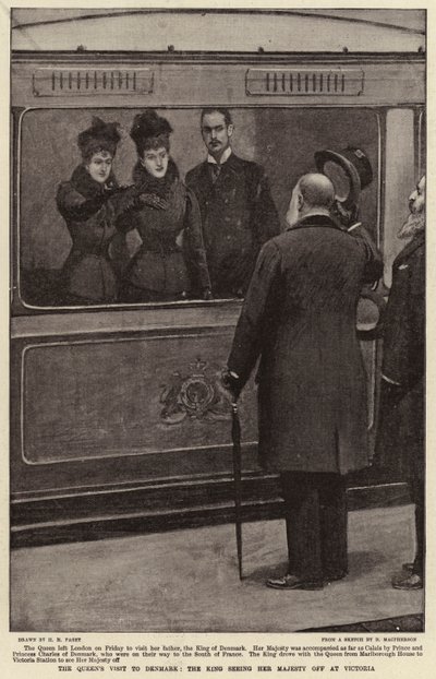 女王のデンマーク訪問、王はビクトリアで彼女の陛下を見送り 作： Henry Marriott Paget