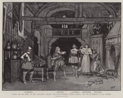 ヘイマーケットシアターの赤いローブの下、シャトーのラロル船長とギルドベロの間のシーン 作： Henry Marriott Paget