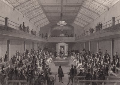 ロンドンのウェストミンスターにある下院のバーで、人を叱責する議長（エングレーヴィング 作： Henry Melville