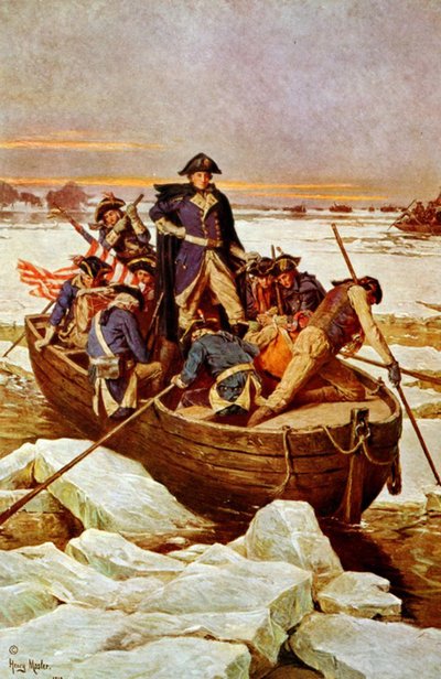 ジョージ・ワシントンがデラウェア川を渡る」、1776 年 12 月 25 日。ジョージ・ワシントン (1732 年 - 1799 年) がアメリカ陸軍の最高司令官だった 1775 年 - 1783 年 (アメリカ独立戦争) の出来事。 イラストc1912。 作： Henry Mosler