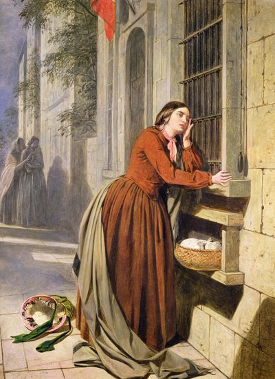 パリのファウンドリング病院に子供を預ける母親、c.1855-60（木に油彩） 作： Henry Nelson O