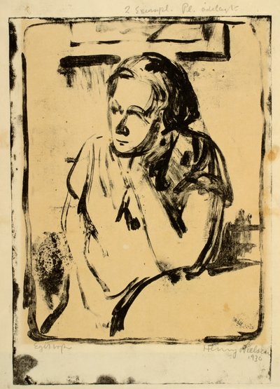 頬の下に手を置いて円卓に座る女性 作： Henry Nielsen