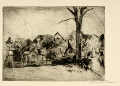 背の高い木と家のある風景 作： Henry Nielsen