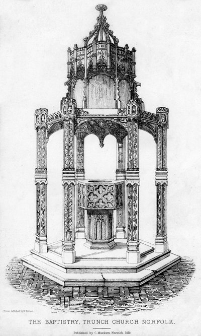 洗礼堂、トランチ教会、ノーフォーク、1855年。 作： Henry Ninham