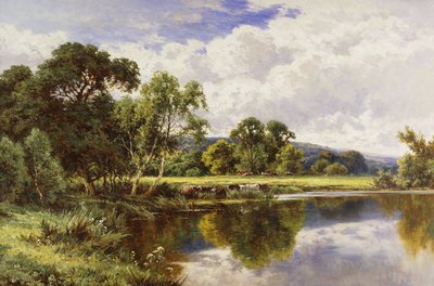 牛と森のある川の風景、 作： Henry Parker