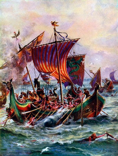 バイキングのドラゴン船を攻撃するアルフレッドのギャレー、897 AD、C1920 作： Henry Payne