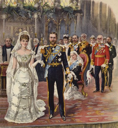 1893年7月6日、ロンドンのセントジェームズパレス、チャペルロイヤル、メアリー王女とコーンウォール公爵とヨークの結婚（クロモリト） 作： Henry Payne