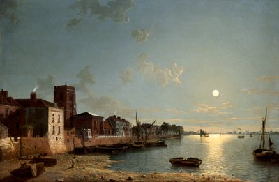「ムーンライトによるチェルシーのチェーンウォーク」、c1850 作： Henry Pether