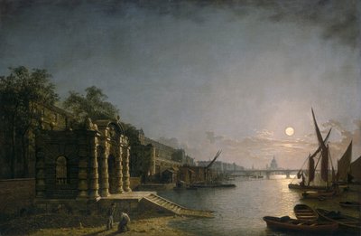 「月光による川から見たヨーク水門とアデルフィ」、1850 年頃。 作： Henry Pether
