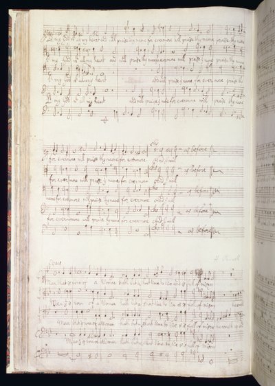 MU MS 88 f.102 "Man that is born of woman", ヘンリー・パーセル（1659-95）作曲・作詞によるイギリス賛歌集のページ（紙にインク） 1673年 作： Henry Purcell