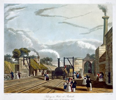 「パークサイドで水を飲む」、リバプール・アンド・マンチェスター鉄道、1833 作： Henry Pyall