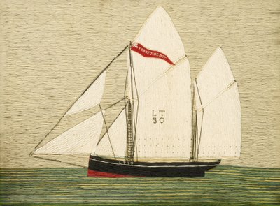 1883年にブリックスハム（イギリス）で建造されたトロール船「Forget Me Not」。1909年以前、ヘンリー・ロバート・フィッシャー()による羊毛刺繍。 作： Henry Robert Fisher