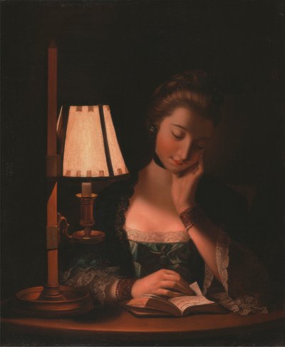 ペーパーベルシェードで読書する女性 作： Henry Robert Morland