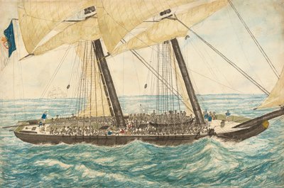 H.M. によって捕らえられたポルトガルの奴隷商人ディリジェント。 1838 年 5 月、600 人の奴隷を乗せたスループ パール号。 作： Henry Samuel Hawker
