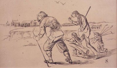 浜辺で練習するゴルファーたち（1870年頃発行の雑誌「グラフィック」のイラスト）（リトグラフ 作： Henry Sandercock