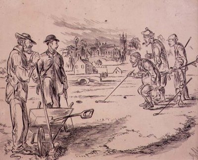 1870年頃に発行された雑誌「Graphic」のイラスト「Measuring Up」（リトグラフ）。 作： Henry Sandercock