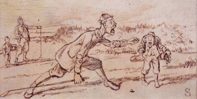 Shouting at the Caddie（キャディに向かって叫ぶ）：1870年頃に発行された雑誌「Graphic」のイラスト（リトグラフ版 作： Henry Sandercock