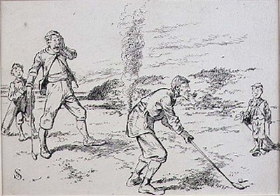 1870年頃に発行された雑誌「Graphic」のイラスト「The Absent Minded Golfer」（リトグラフ）。 作： Henry Sandercock
