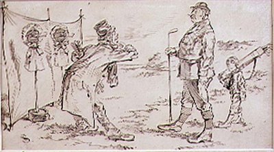 ゴルファーはセールスマンに悩まされ、イラストはグラフィック誌、パブに。 c、1870 作： Henry Sandercock