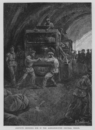 Alexandrofski中央刑務所でライ麦を挽く囚人たち（リトグラフ 作： Henry Sandham