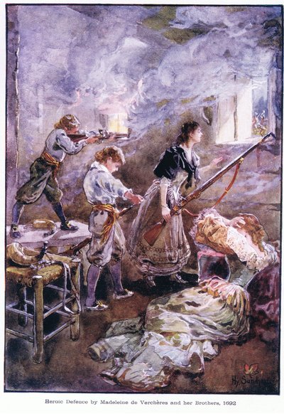 マドレーヌ・ド・ベルシェレスとその兄弟による英雄的防衛1692年、1920年頃 作： Henry Sandham
