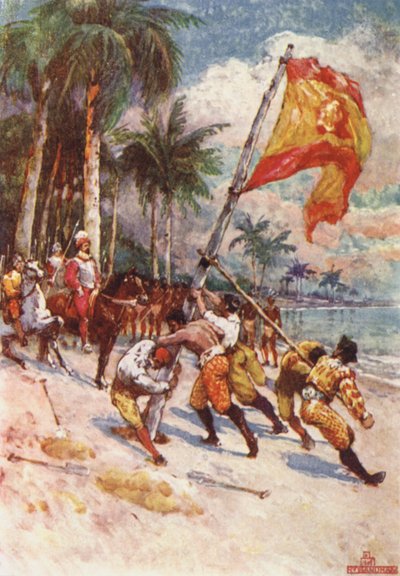 フロリダで最初の旗であるスペイン国旗を掲げる 作： Henry Sandham
