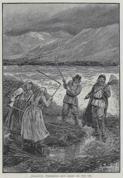 氷の上で穀物を脱穀する農民たち（リトグラフ 作： Henry Sandham