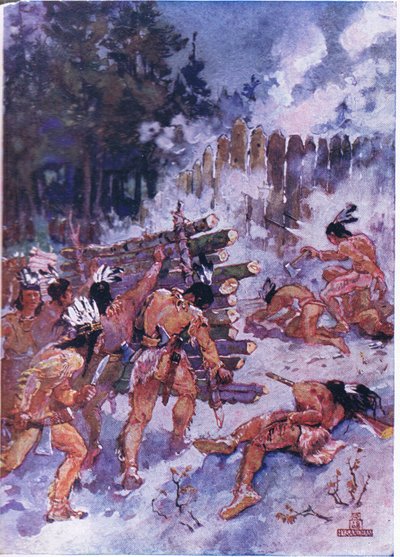 柵を攻撃する赤いインディアン 作： Henry Sandham